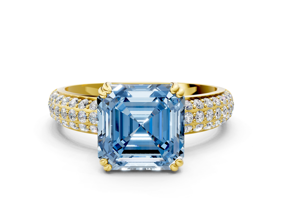 Yellow gold Fancy Blue Asscher  Cut Pave Diamond Engagement Ring with Channel Set Band and Four-Prong Setting