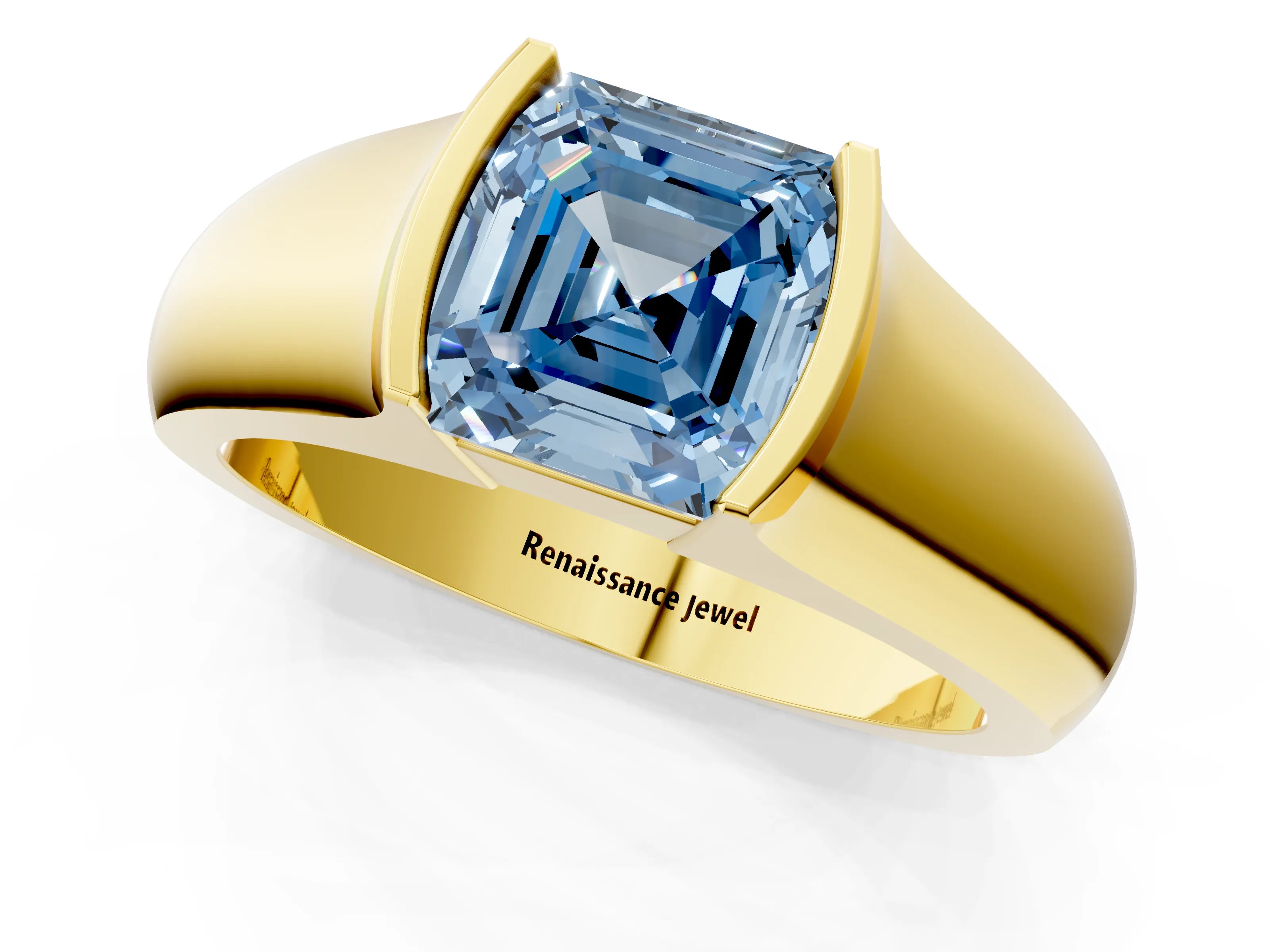 Yellow gold Fancy Blue Asscher Cut Solitaire Bezel Set Diamond Ring with Wide Band_1