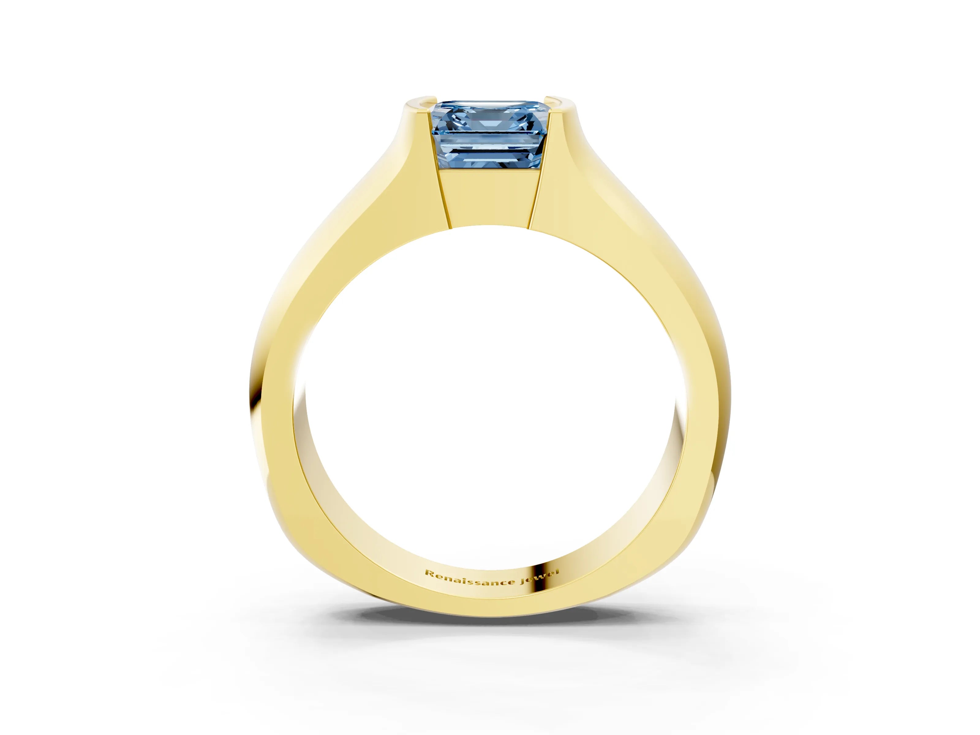 Yellow gold Fancy Blue Asscher Cut Solitaire Bezel Set Diamond Ring with Wide Band_3