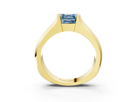 Yellow gold Fancy Blue Asscher Cut Solitaire Bezel Set Diamond Ring with Wide Band_3