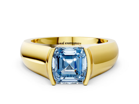 Yellow gold Fancy Blue Asscher Cut Solitaire Bezel Set Diamond Ring with Wide Band