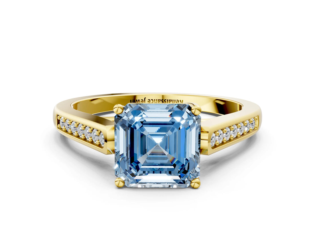 Yellow gold Fancy Blue Asscher Cut Solitaire Cathedral Diamond Engagement Ring with Channel-Set Band and Four-Prong Setting_15