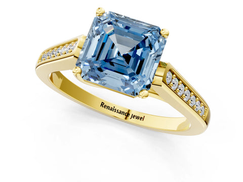 Yellow gold Fancy Blue Asscher Cut Solitaire Cathedral Diamond Engagement Ring with Channel-Set Band and Four-Prong Setting_16