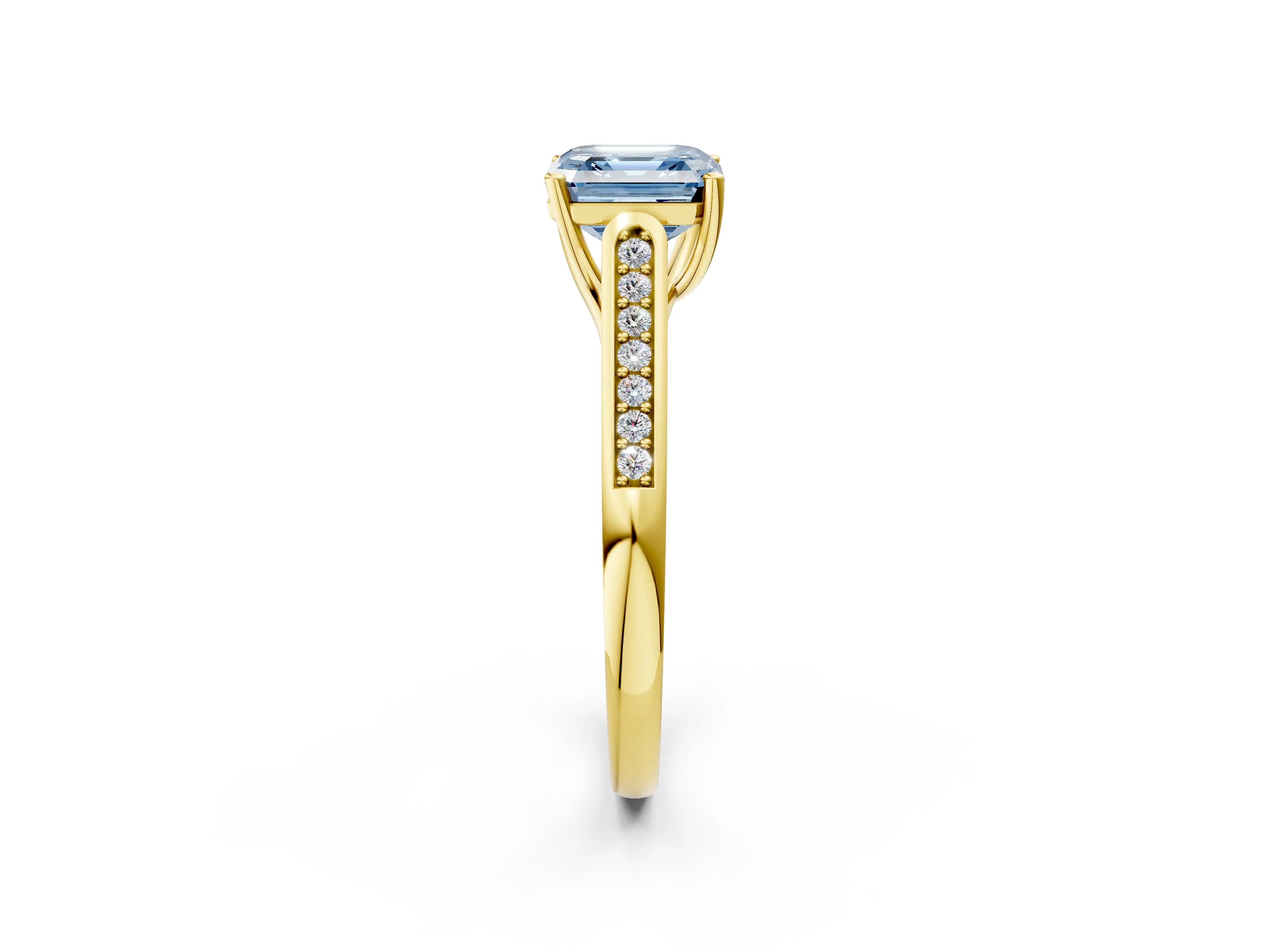 Yellow gold Fancy Blue Asscher Cut Solitaire Cathedral Diamond Engagement Ring with Channel-Set Band and Four-Prong Setting_17