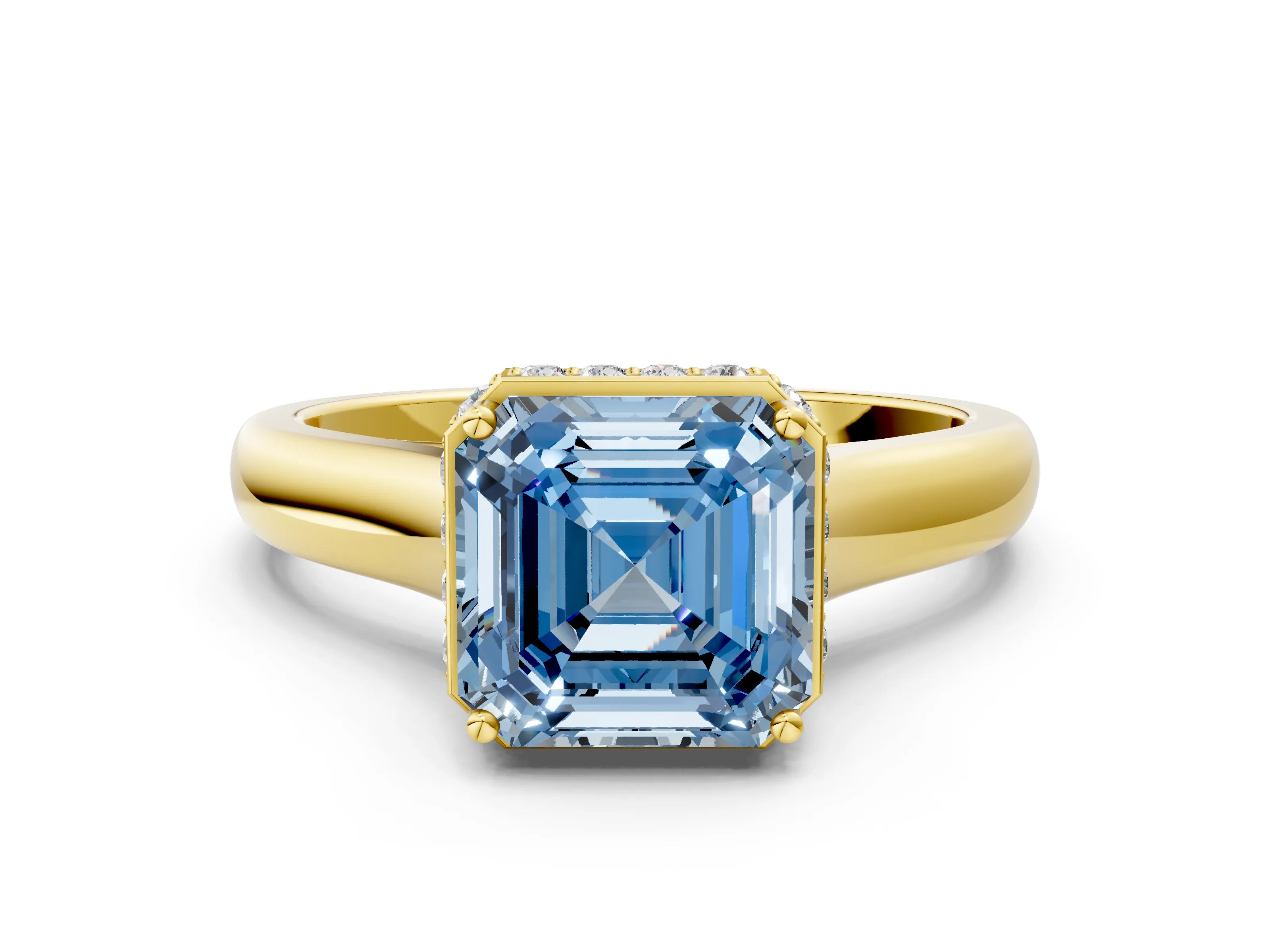 Yellow gold Fancy Blue Asscher Cut Solitaire Diamond Engagement Ring with Four-Prong Setting and Tapered Band