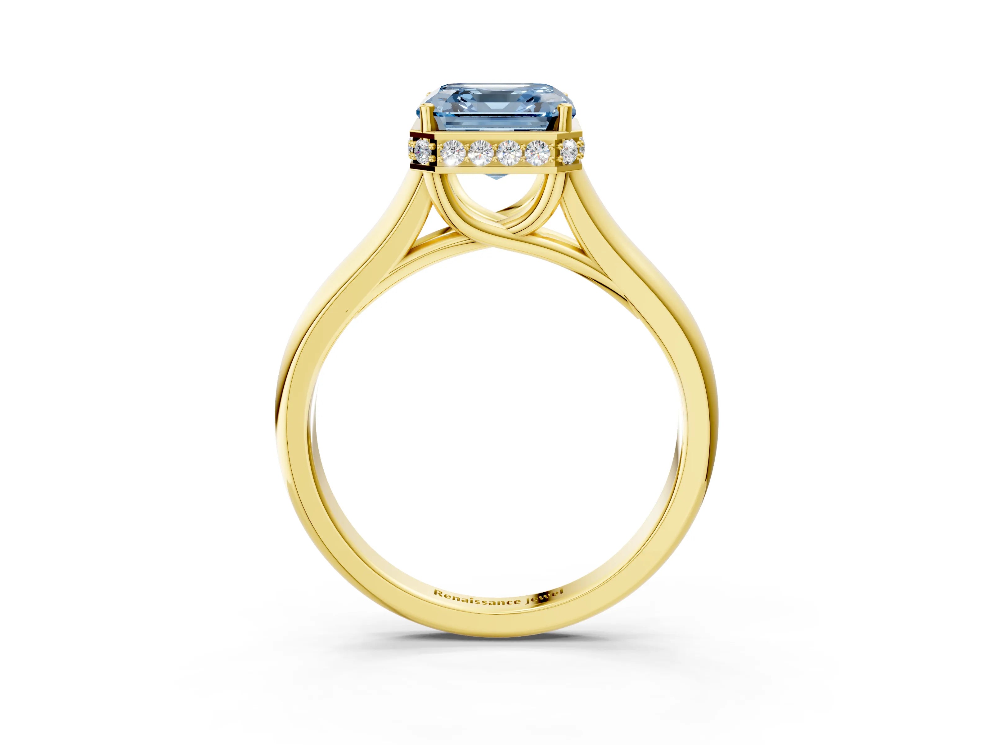 Yellow gold Fancy Blue Asscher Cut Solitaire Diamond Engagement Ring with Four-Prong Setting and Tapered Band_3