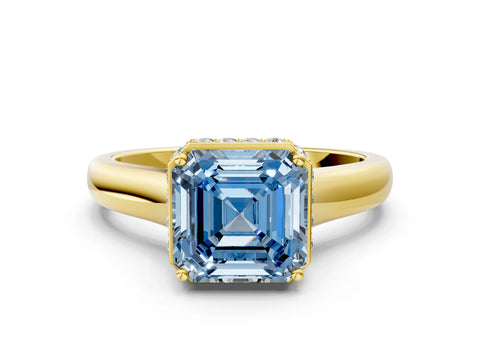 Yellow gold Fancy Blue Asscher Cut Solitaire Diamond Engagement Ring with Four-Prong Setting and Tapered Band