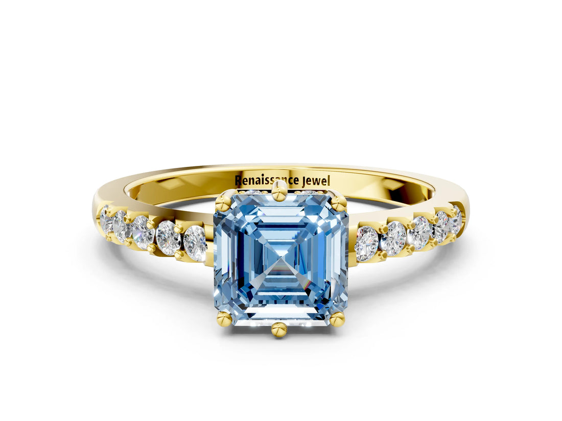 Yellow gold Fancy Blue Asscher Cut Solitaire Diamond Engagement Ring with Pavé Band and Six-Prong Setting_24