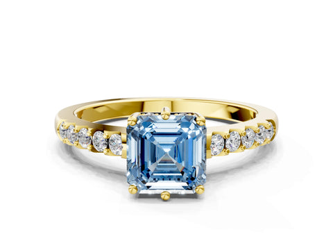 Yellow gold Fancy Blue Asscher Cut Solitaire Diamond Engagement Ring with Pavé Band and Six-Prong Setting