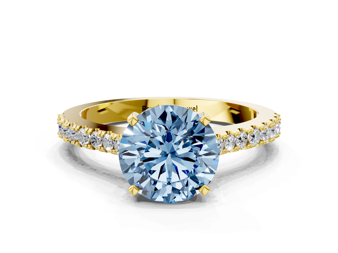 Yellow gold Fancy Blue Asscher  Cut Solitaire Diamond Engagement Ring with Pave Band and Four-Prong Setting