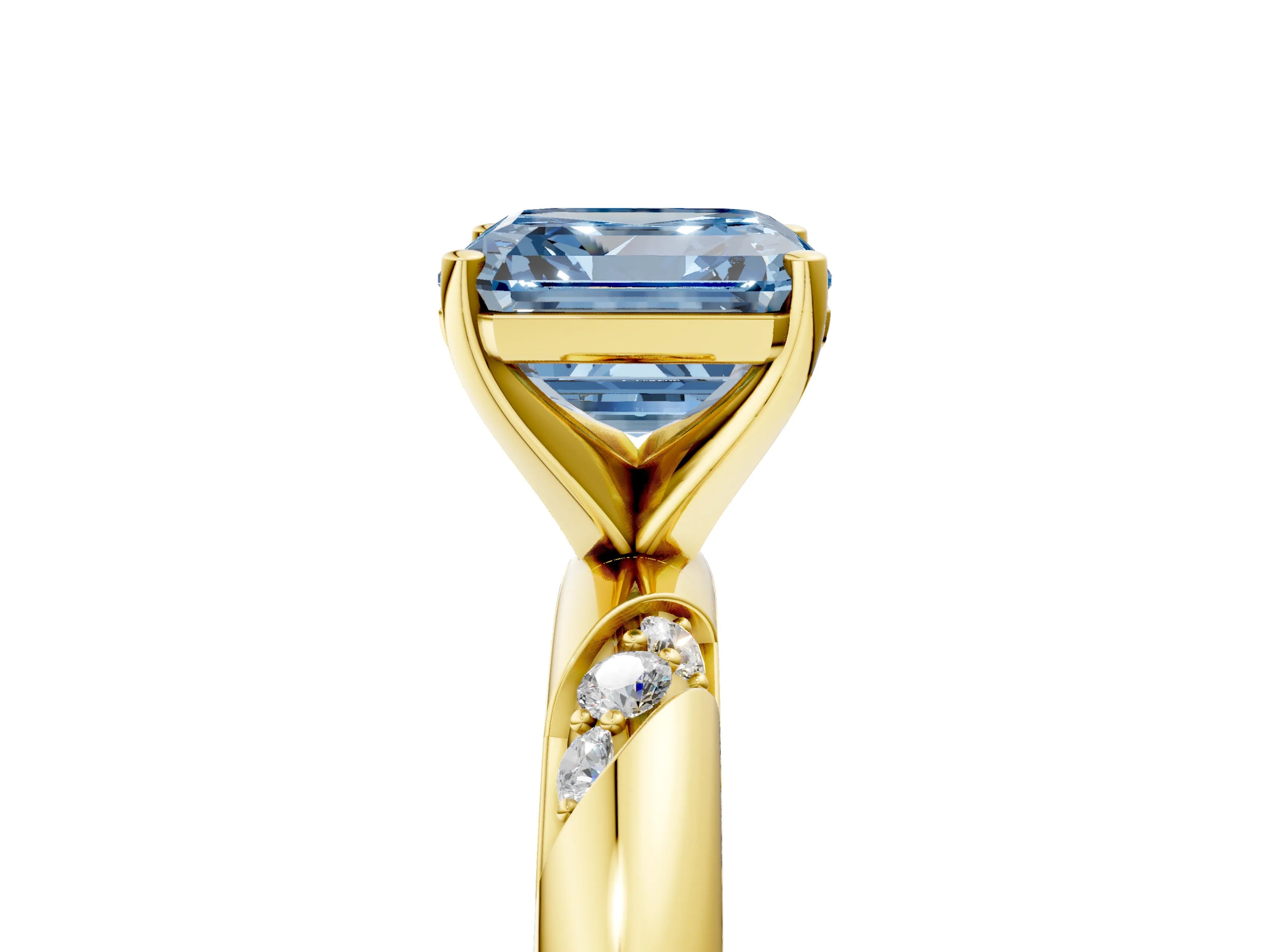 Yellow gold Fancy Blue Asscher Cut Solitaire Diamond Engagement Ring with Twisted Pave Band and Four-Prong Setting_8