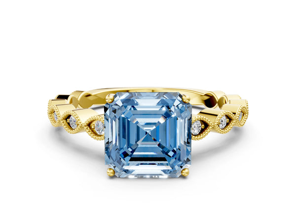 Yellow gold Fancy Blue Asscher Cut Solitaire Diamond Ring with Infinity Twist Band and Four-Prong Setting