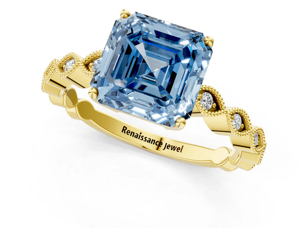 Yellow gold Fancy Blue Asscher Cut Solitaire Diamond Ring with Infinity Twist Band and Four-Prong Setting