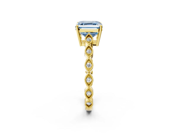 Yellow gold Fancy Blue Asscher Cut Solitaire Diamond Ring with Infinity Twist Band and Four-Prong Setting