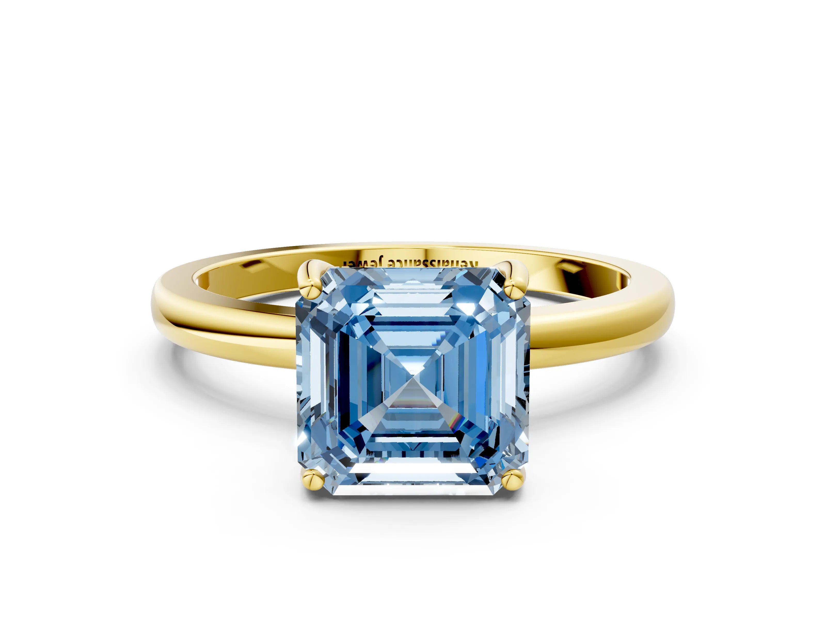 Yellow gold Fancy Blue Asscher Cut Solitaire Diamond Ring with Prong Setting and Plain Band