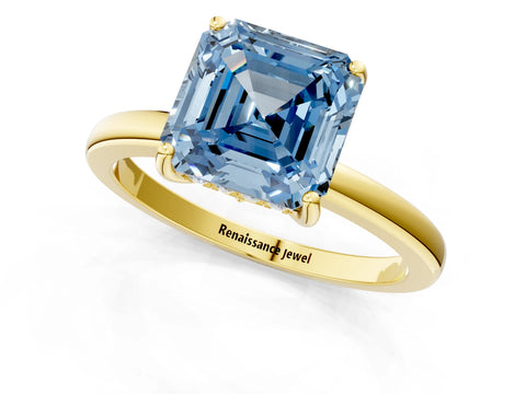 Yellow gold Fancy Blue Asscher Cut Solitaire Diamond Ring with Prong Setting and Plain Band_1