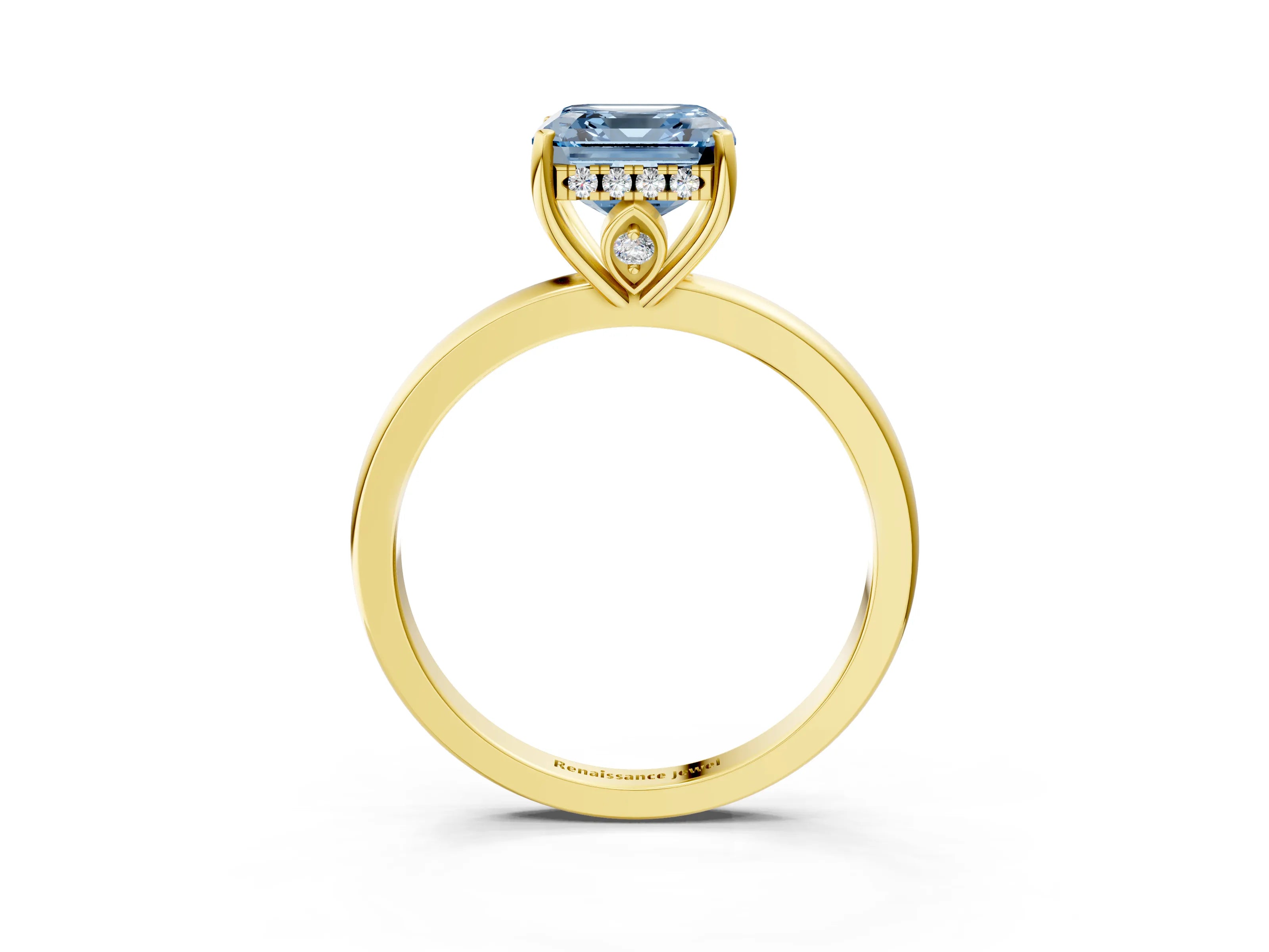 Yellow gold Fancy Blue Asscher Cut Solitaire Diamond Ring with Prong Setting and Plain Band_3