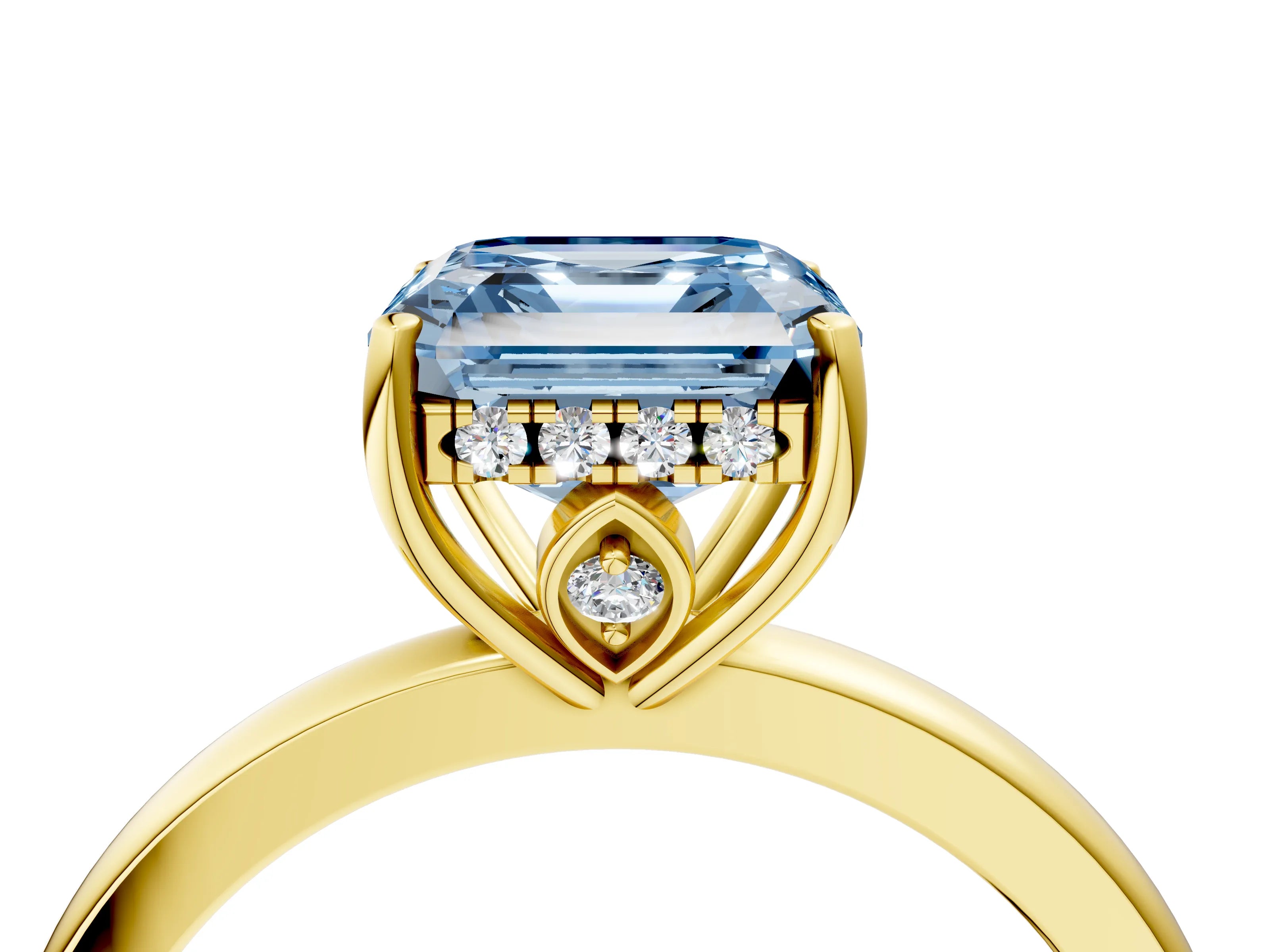 Yellow gold Fancy Blue Asscher Cut Solitaire Diamond Ring with Prong Setting and Plain Band_4