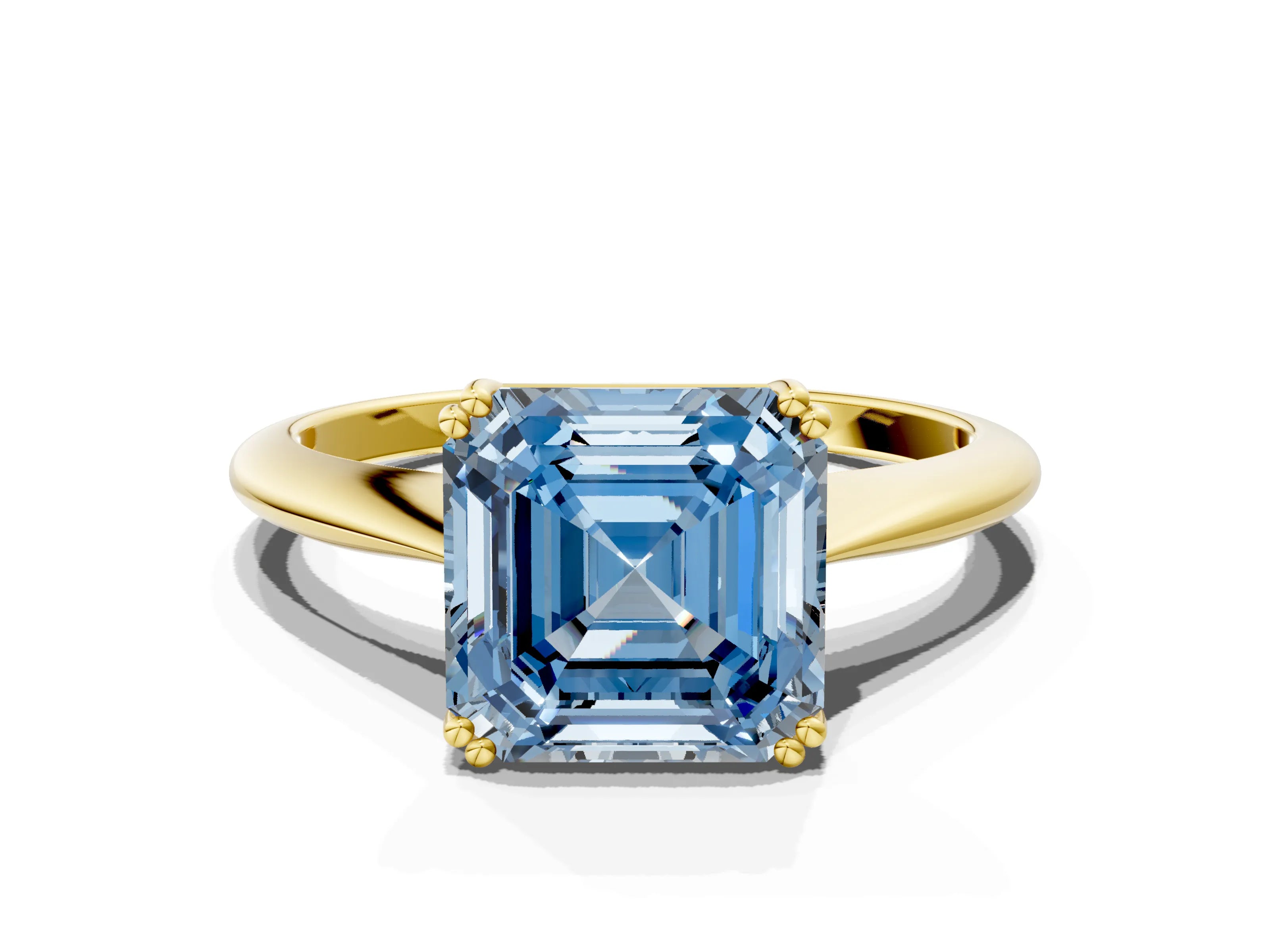 Yellow gold Fancy Blue Asscher Cut Solitaire Diamond Ring with Six-Prong Setting and Classic Band