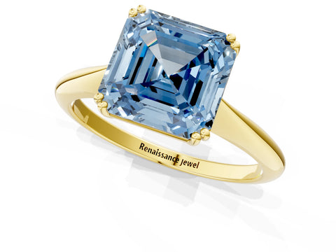 Yellow gold Fancy Blue Asscher Cut Solitaire Diamond Ring with Six-Prong Setting and Classic Band_1