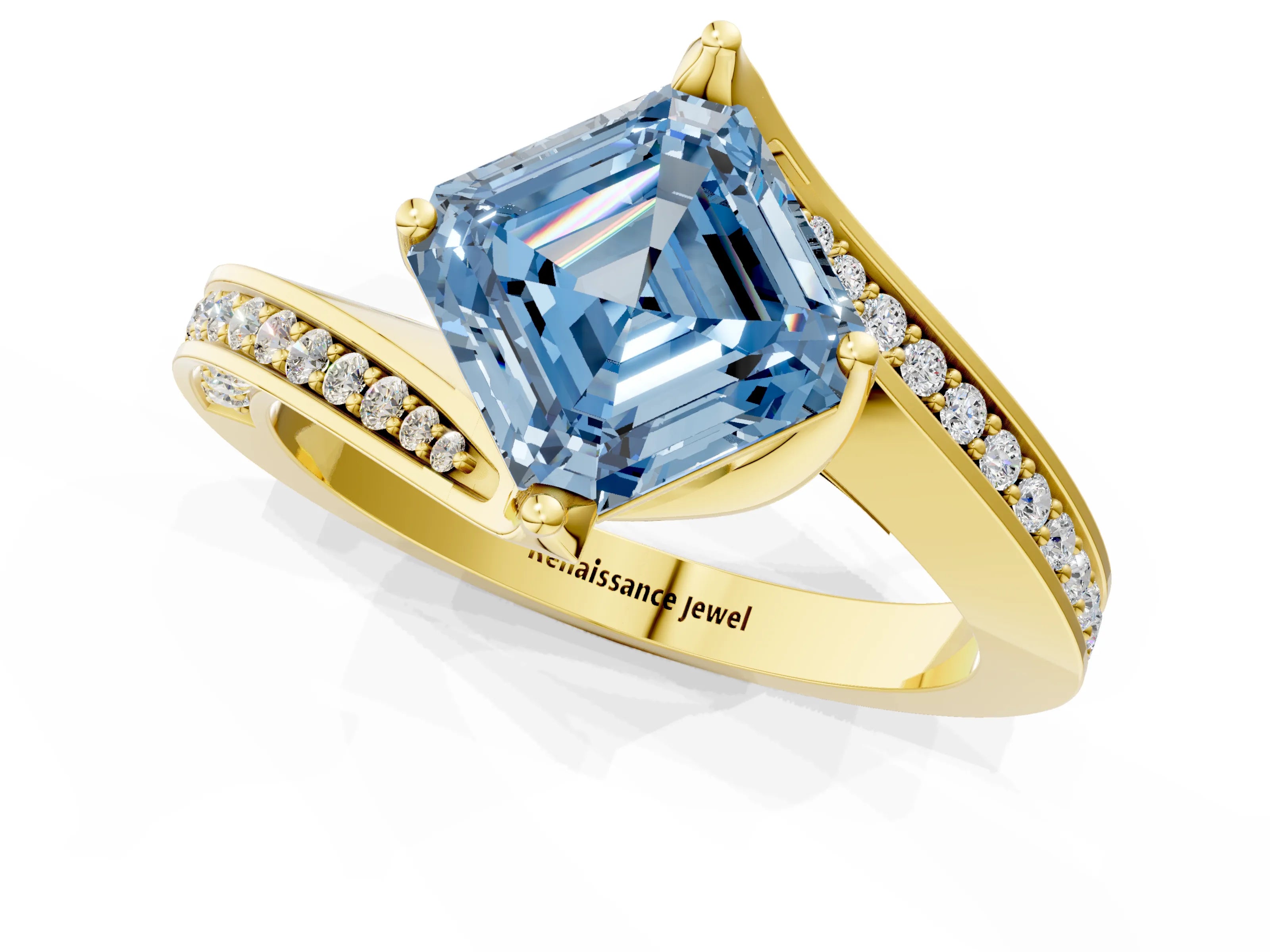 Yellow gold Fancy Blue Asscher Cut Solitaire Diamond Twist Band with Pavé Setting and Four-Prong Setting_1