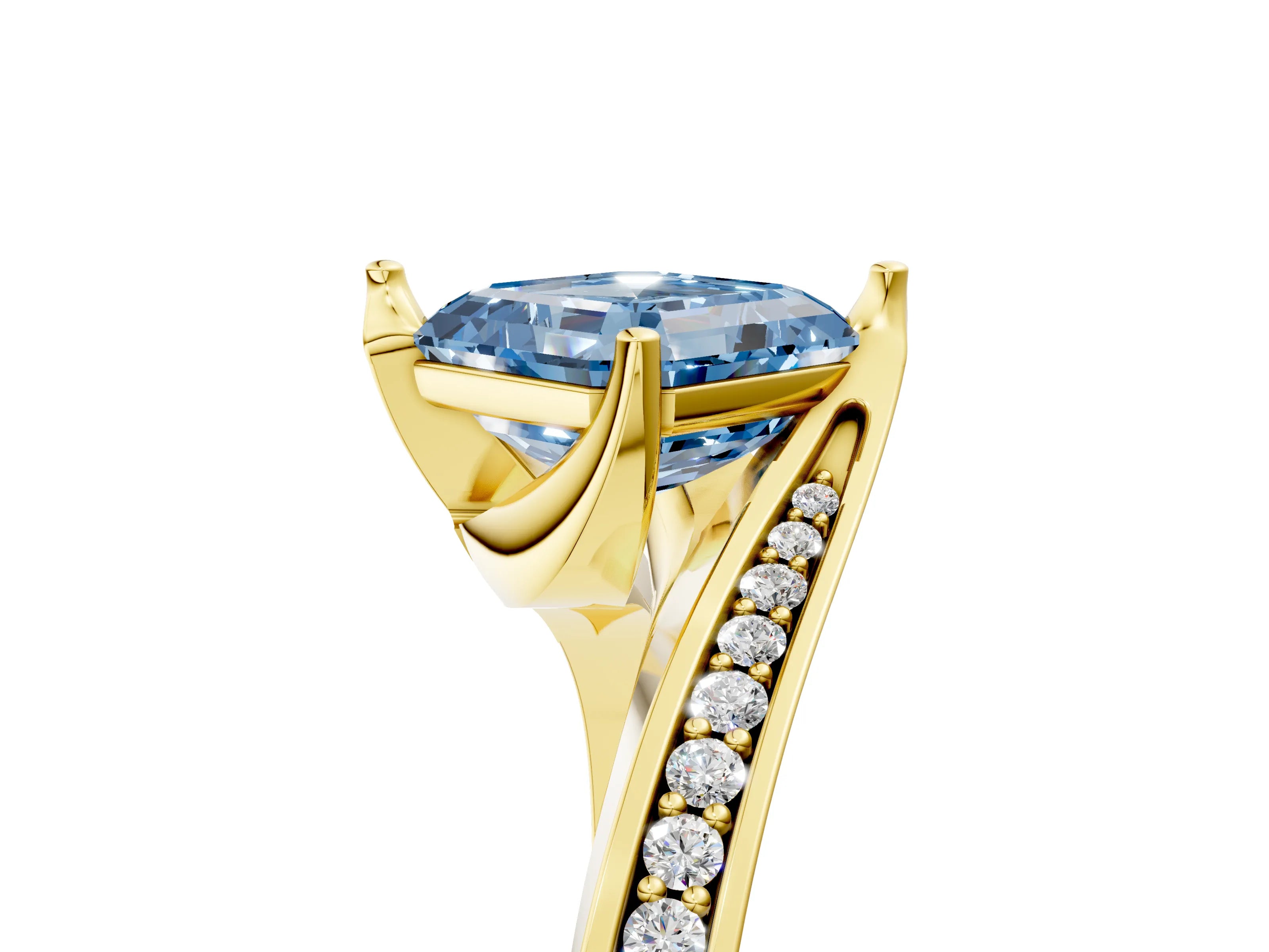 Yellow gold Fancy Blue Asscher Cut Solitaire Diamond Twist Band with Pavé Setting and Four-Prong Setting_5