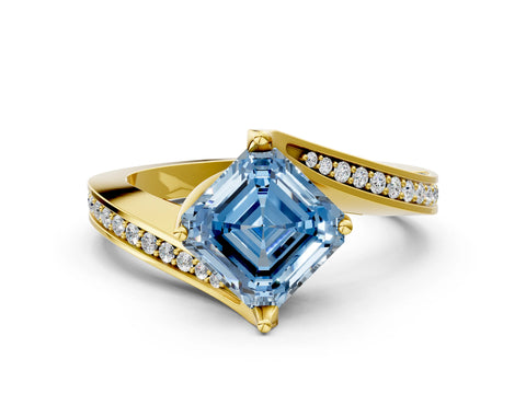 Yellow gold Fancy Blue Asscher Cut Solitaire Diamond Twist Band with Pavé Setting and Four-Prong Setting