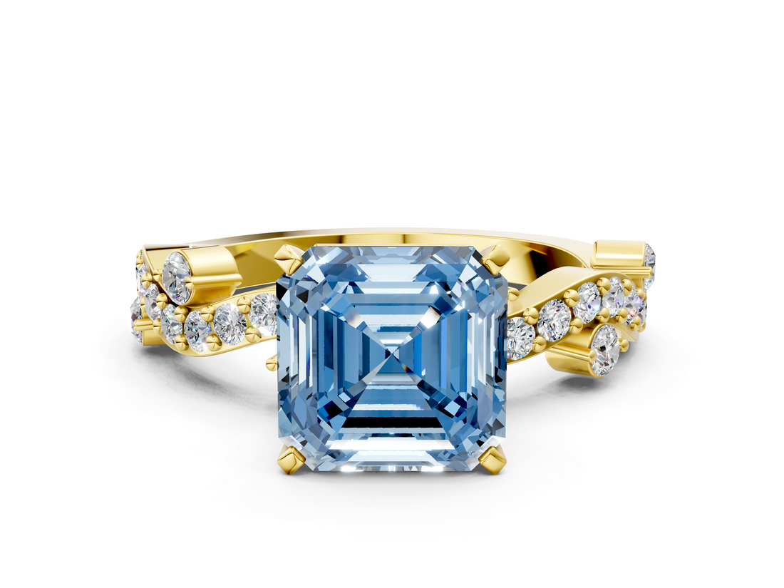 Yellow gold Fancy Blue Asscher  Cut Solitaire Diamond Twisted Band with Pave Setting_17