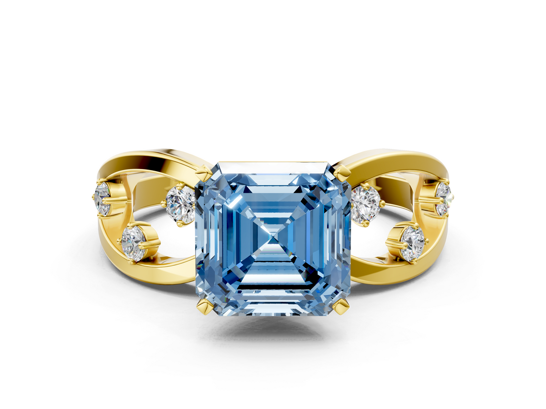 Yellow gold Fancy Blue Asscher  Cut Solitaire Diamond with Side Stones on Criss-Cross Band and Four-Prong Setting_22
