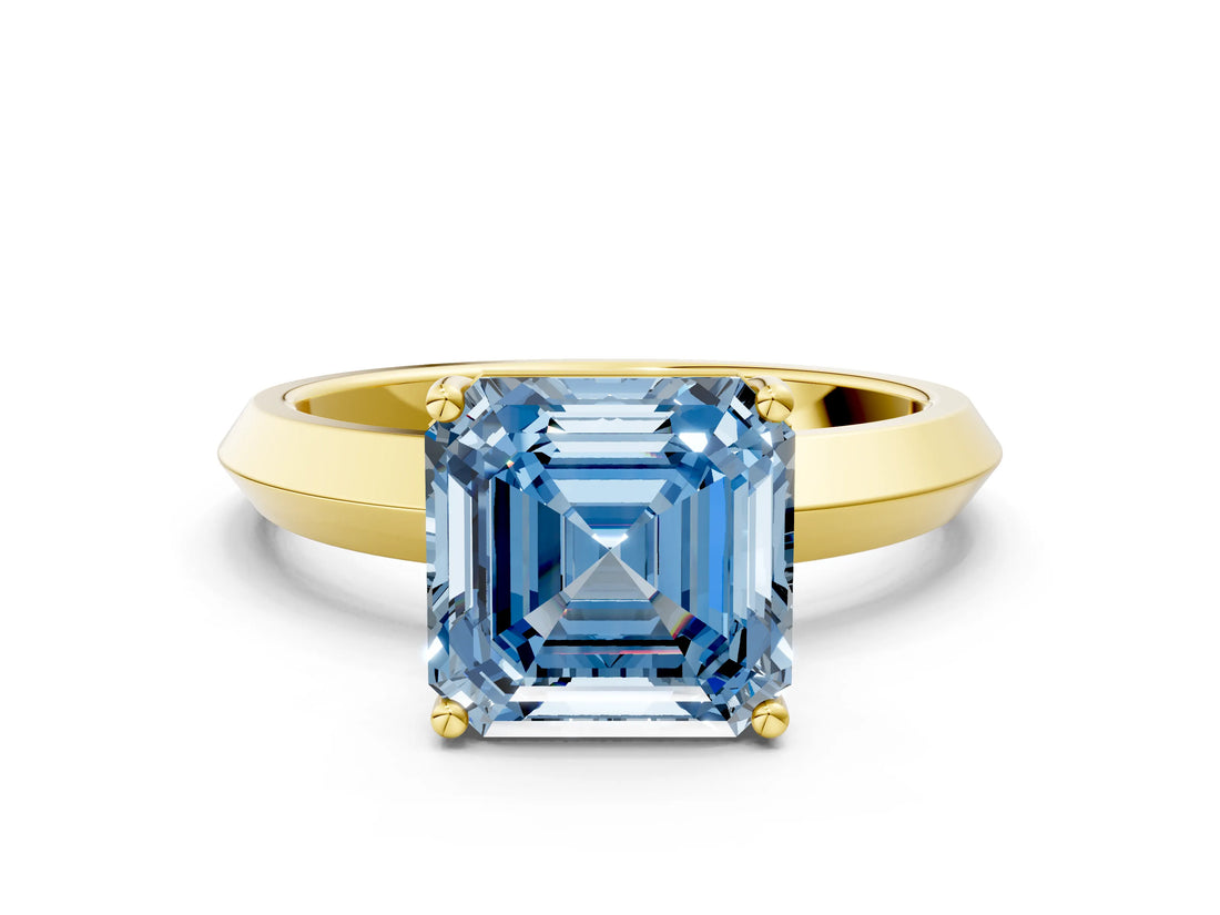 Yellow gold Fancy Blue Asscher  Cut Solitaire Engagement Ring with Flat Band and Four-Prong Setting 1