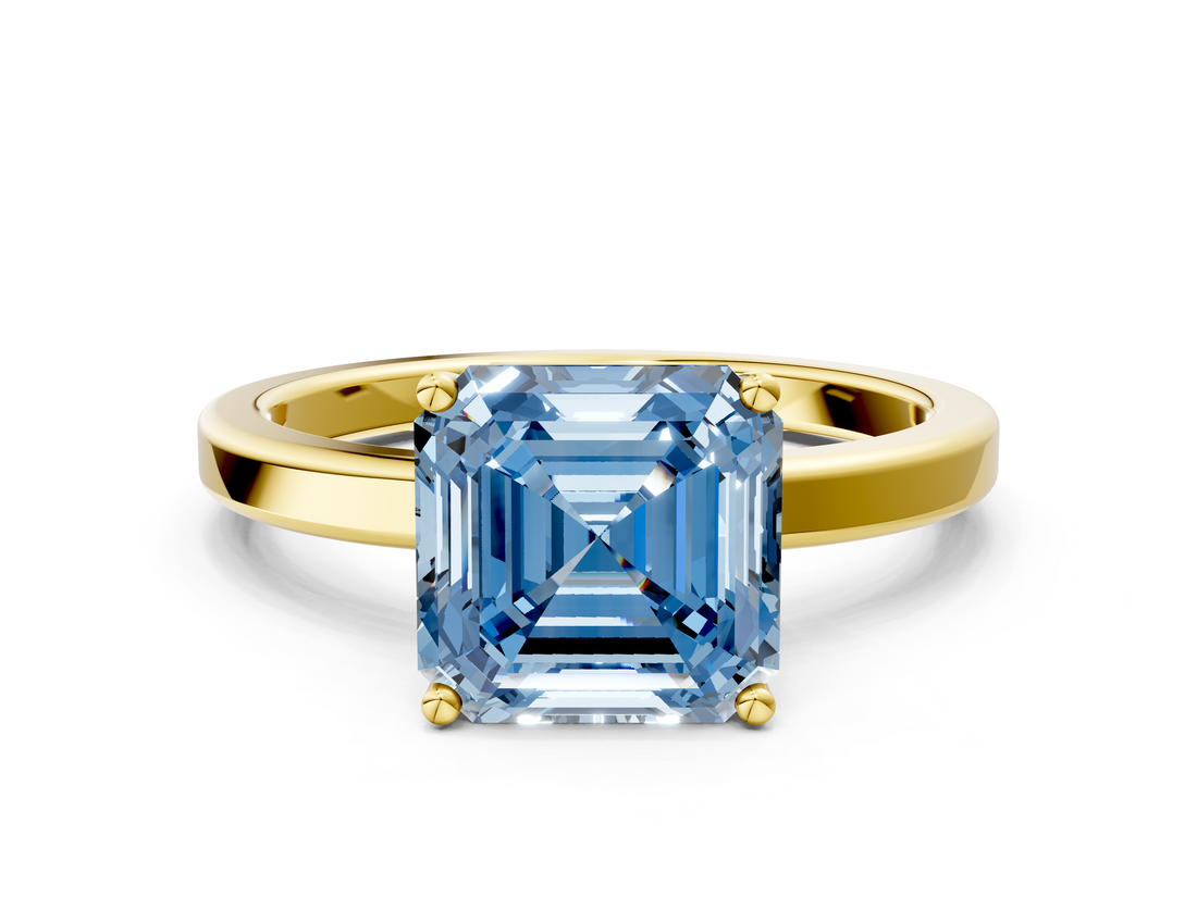 Yellow gold Fancy Blue Asscher  Cut Solitaire Engagement Ring with Four-Prong Setting on a Classic Band