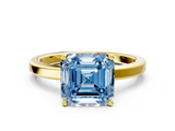 Yellow gold Fancy Blue Asscher  Cut Solitaire Engagement Ring with Four-Prong Setting on a Classic Band