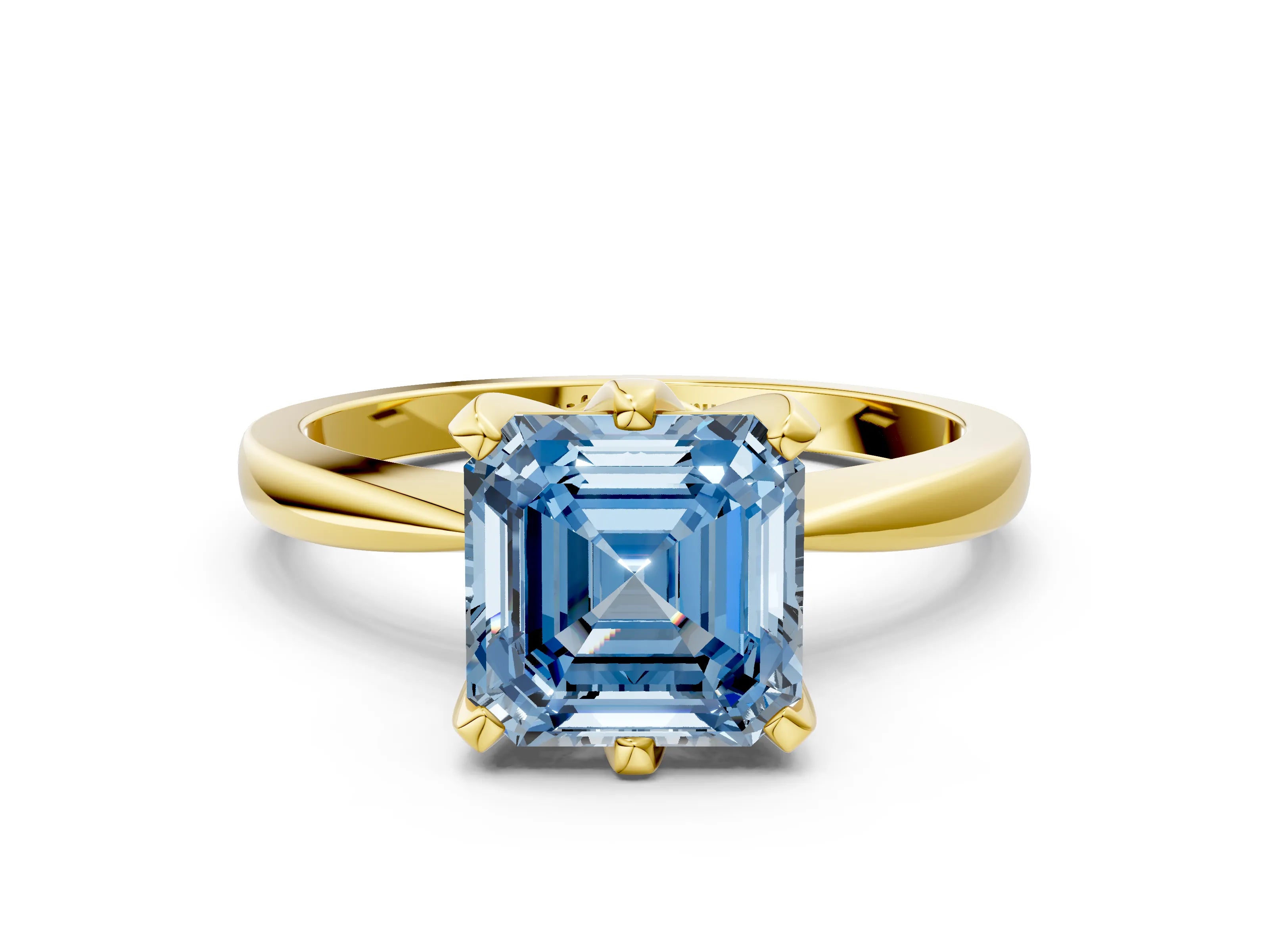 Yellow gold Fancy Blue Asscher Cut Solitaire Engagement Ring with Six-Prong Setting and Tapered Band