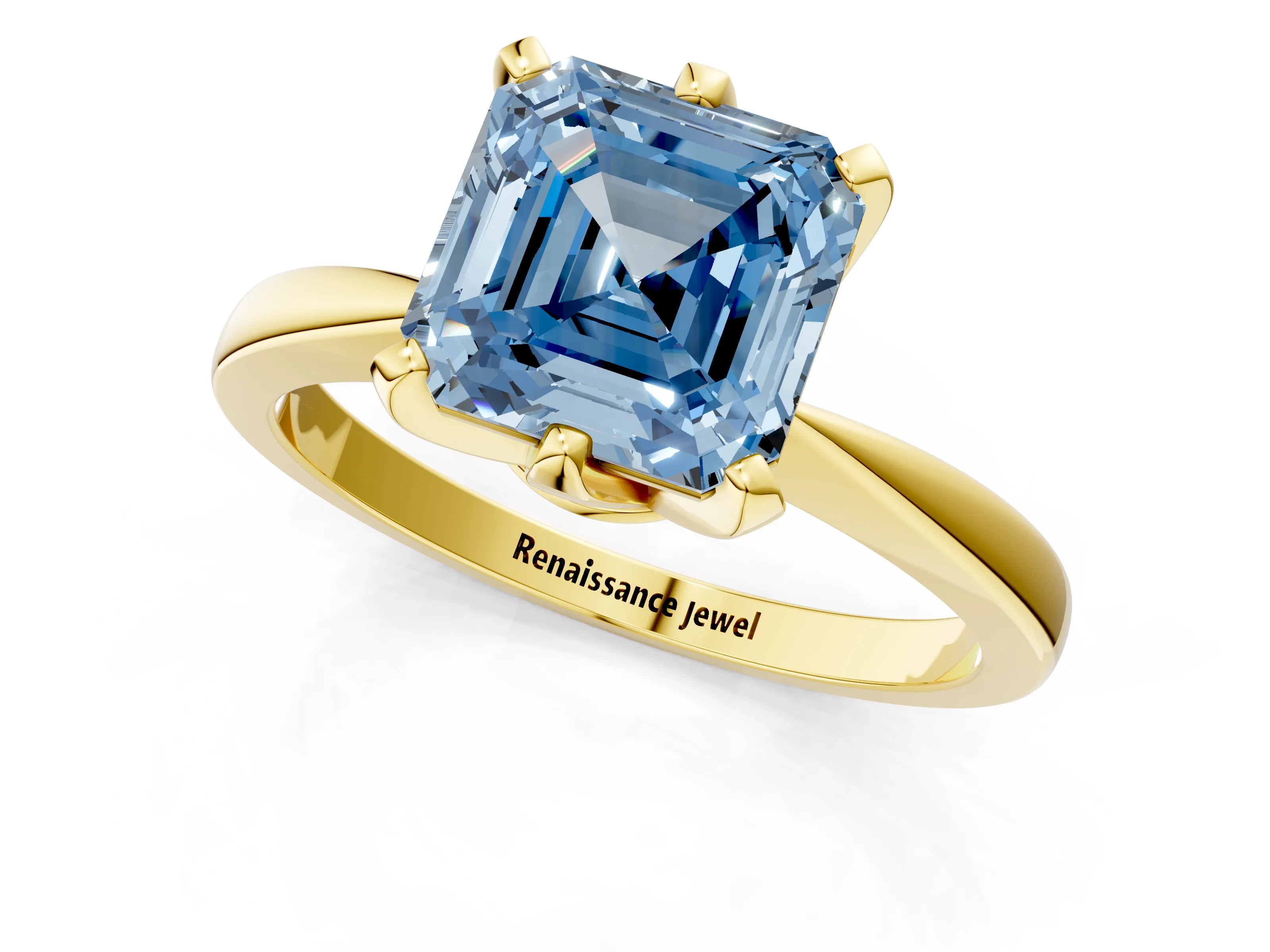 Yellow gold Fancy Blue Asscher Cut Solitaire Engagement Ring with Six-Prong Setting and Tapered Band_1