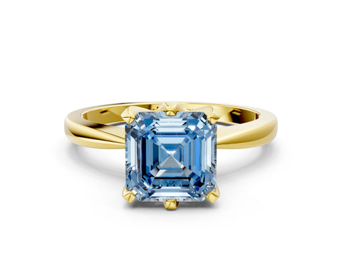Yellow gold Fancy Blue Asscher Cut Solitaire Engagement Ring with Six-Prong Setting and Tapered Band