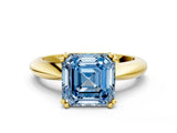 Yellow gold Fancy Blue Asscher  Cut Solitaire Engagement Ring with Tapered Band and Four-Prong Setting