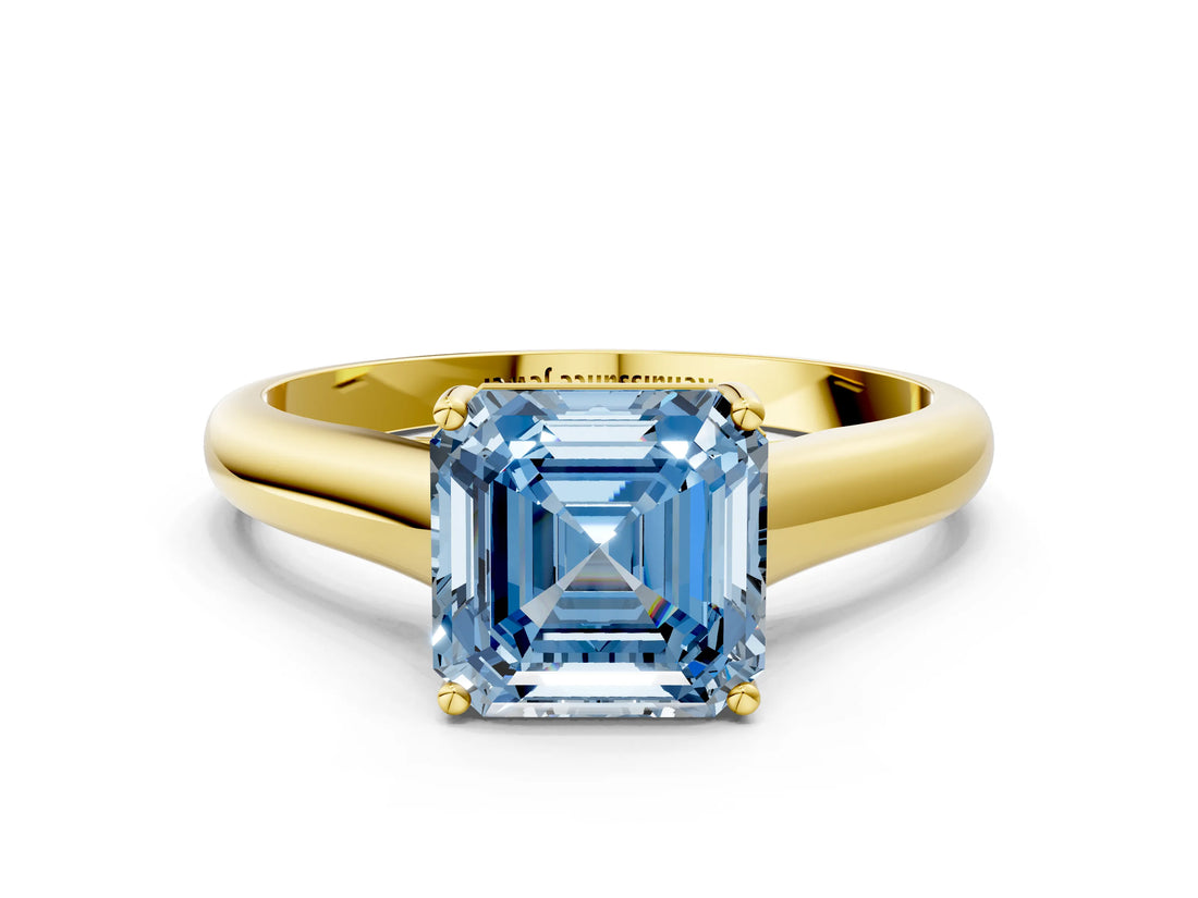Yellow gold Fancy Blue Asscher Cut Solitaire Engagement Ring with Tapered Band and Four-Prong Setting_3