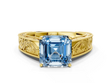 Yellow gold Fancy Blue Asscher  Cut Solitaire Engraved Band with Four-Prong Setting