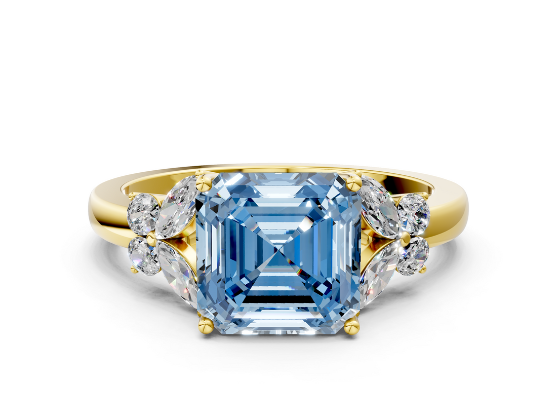 Yellow gold Fancy Blue Asscher  Cut Solitaire Floral Diamond Ring with Four-Prong Setting_12