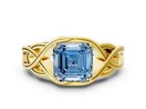 Yellow gold Fancy Blue Asscher Cut Solitaire Intertwined Band Prong Setting Ring
