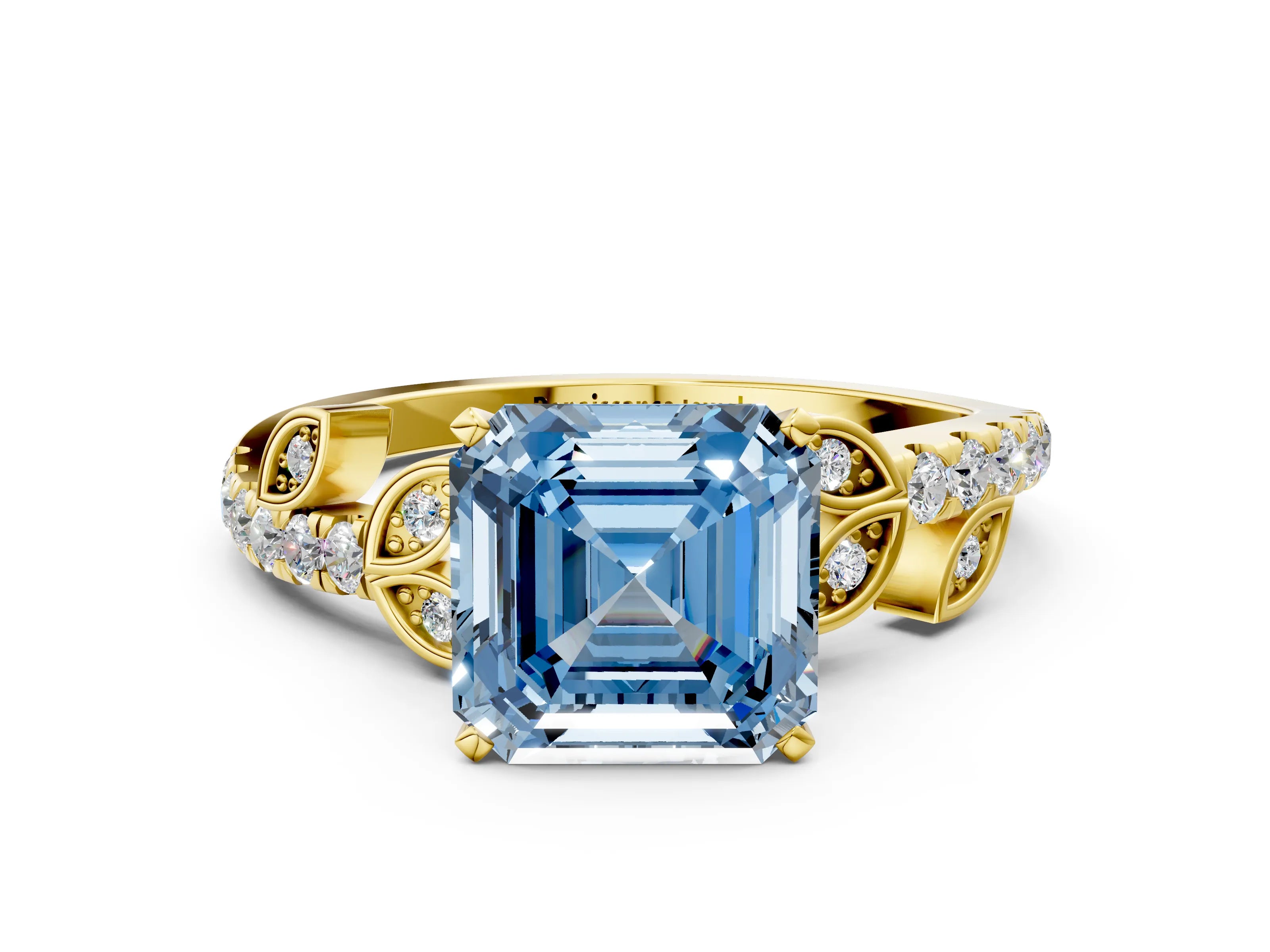 Yellow gold Fancy Blue Asscher Cut Solitaire Leaf-Inspired Diamond Ring with Pavé Band and Four-Prong Setting