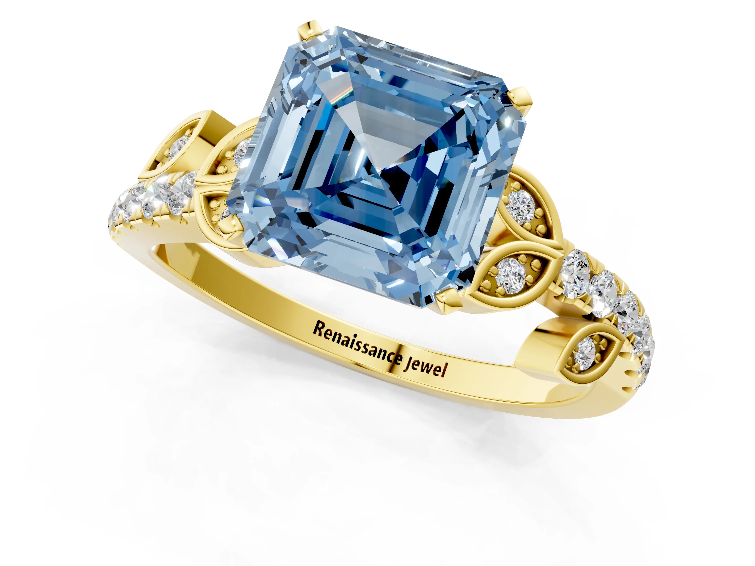 Yellow gold Fancy Blue Asscher Cut Solitaire Leaf-Inspired Diamond Ring with Pavé Band and Four-Prong Setting_1