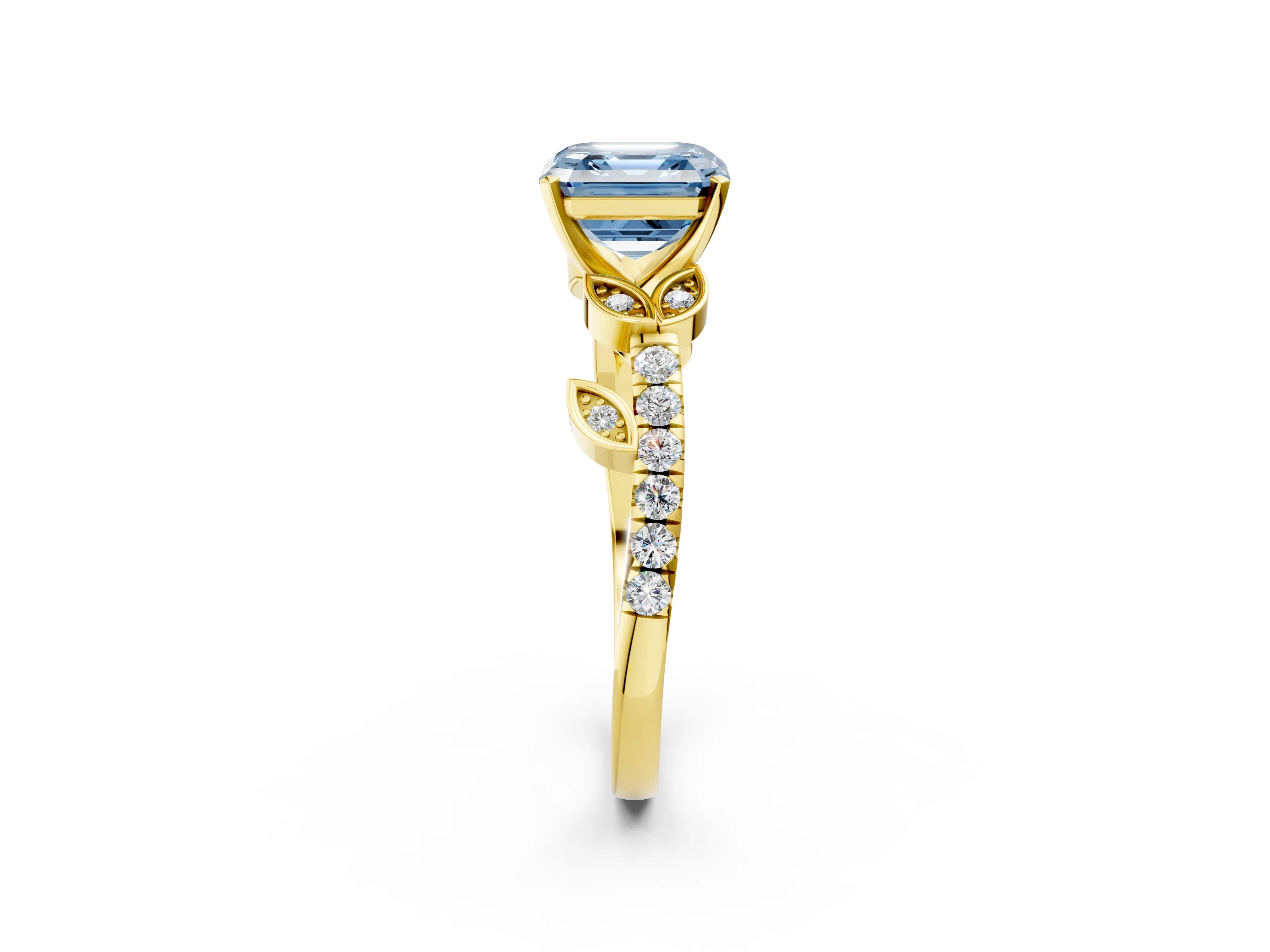 Yellow gold Fancy Blue Asscher Cut Solitaire Leaf-Inspired Diamond Ring with Pavé Band and Four-Prong Setting_2