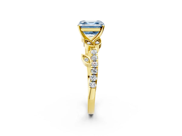 Yellow Gold Asscher Cut Leaf Solitaire Engagement Ring Setting for Fancy Blue Center with Pave Band