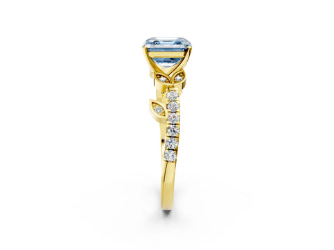 Yellow gold Fancy Blue Asscher Cut Solitaire Leaf-Inspired Diamond Ring with Pavé Band and Four-Prong Setting_2