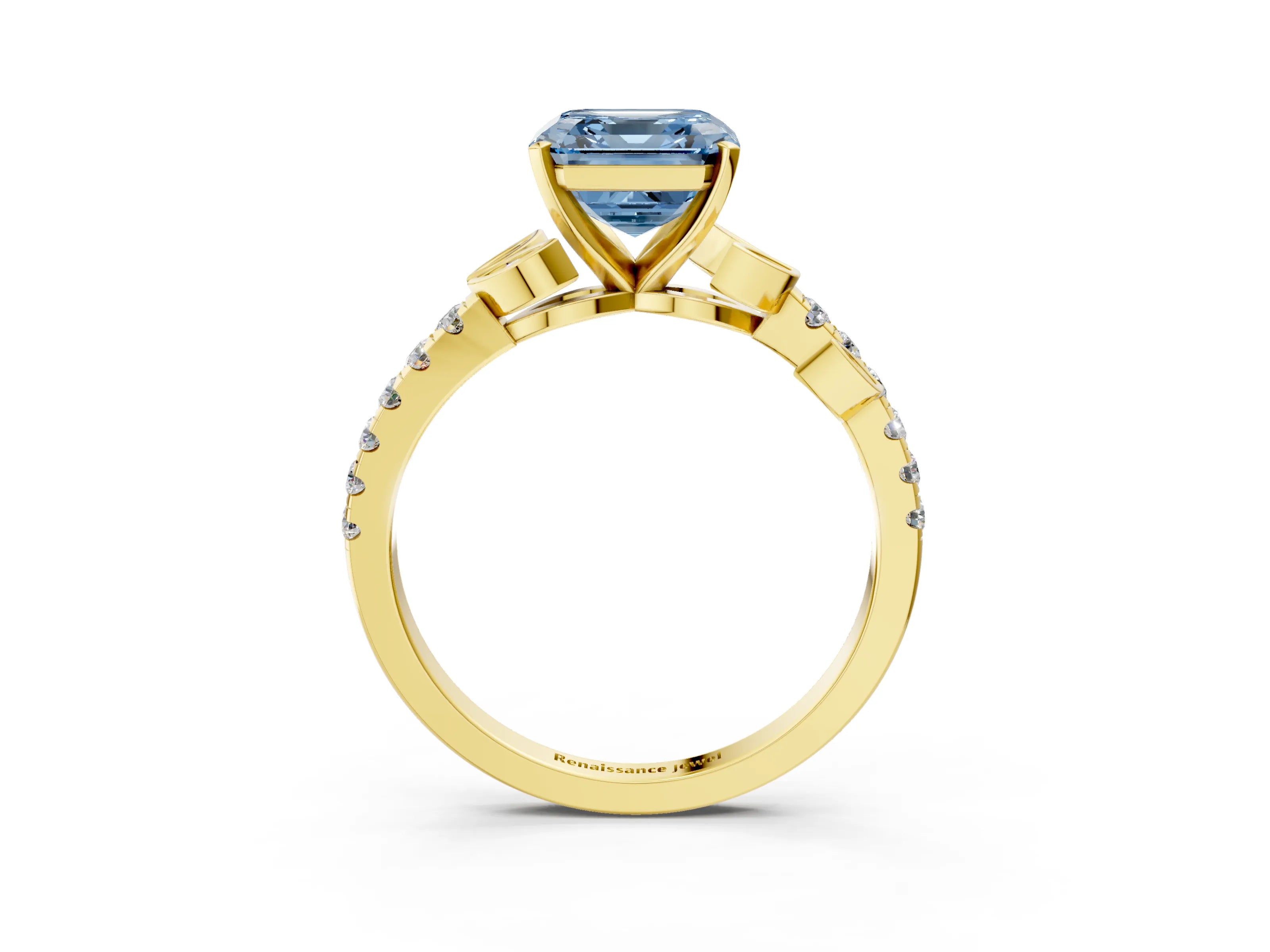 Yellow gold Fancy Blue Asscher Cut Solitaire Leaf-Inspired Diamond Ring with Pavé Band and Four-Prong Setting_3