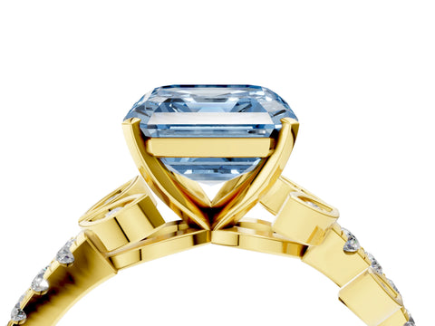 Yellow gold Fancy Blue Asscher Cut Solitaire Leaf-Inspired Diamond Ring with Pavé Band and Four-Prong Setting_4