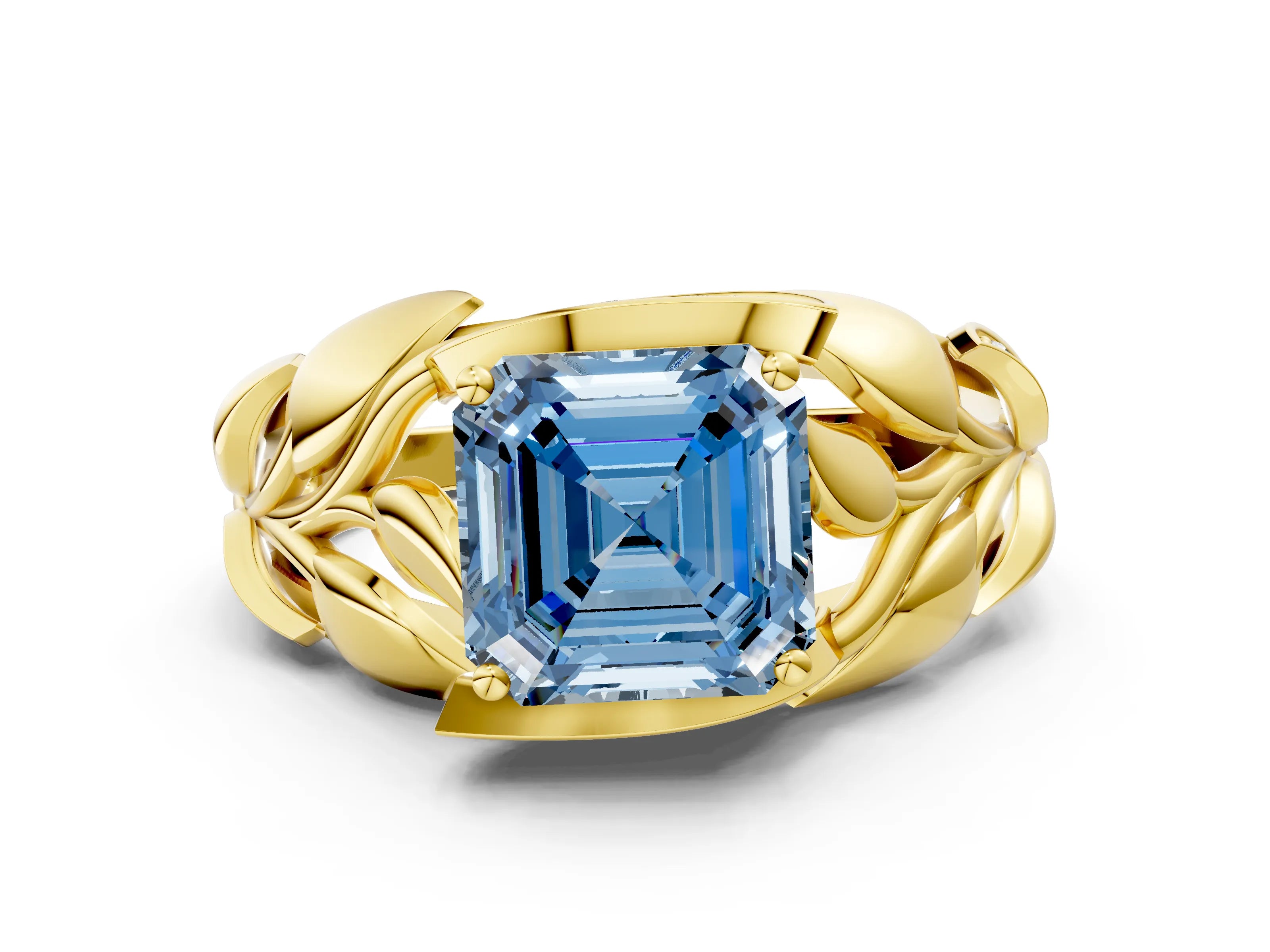 Yellow gold Fancy Blue Asscher Cut Solitaire Leaf-Inspired Engagement Ring with Prong Setting