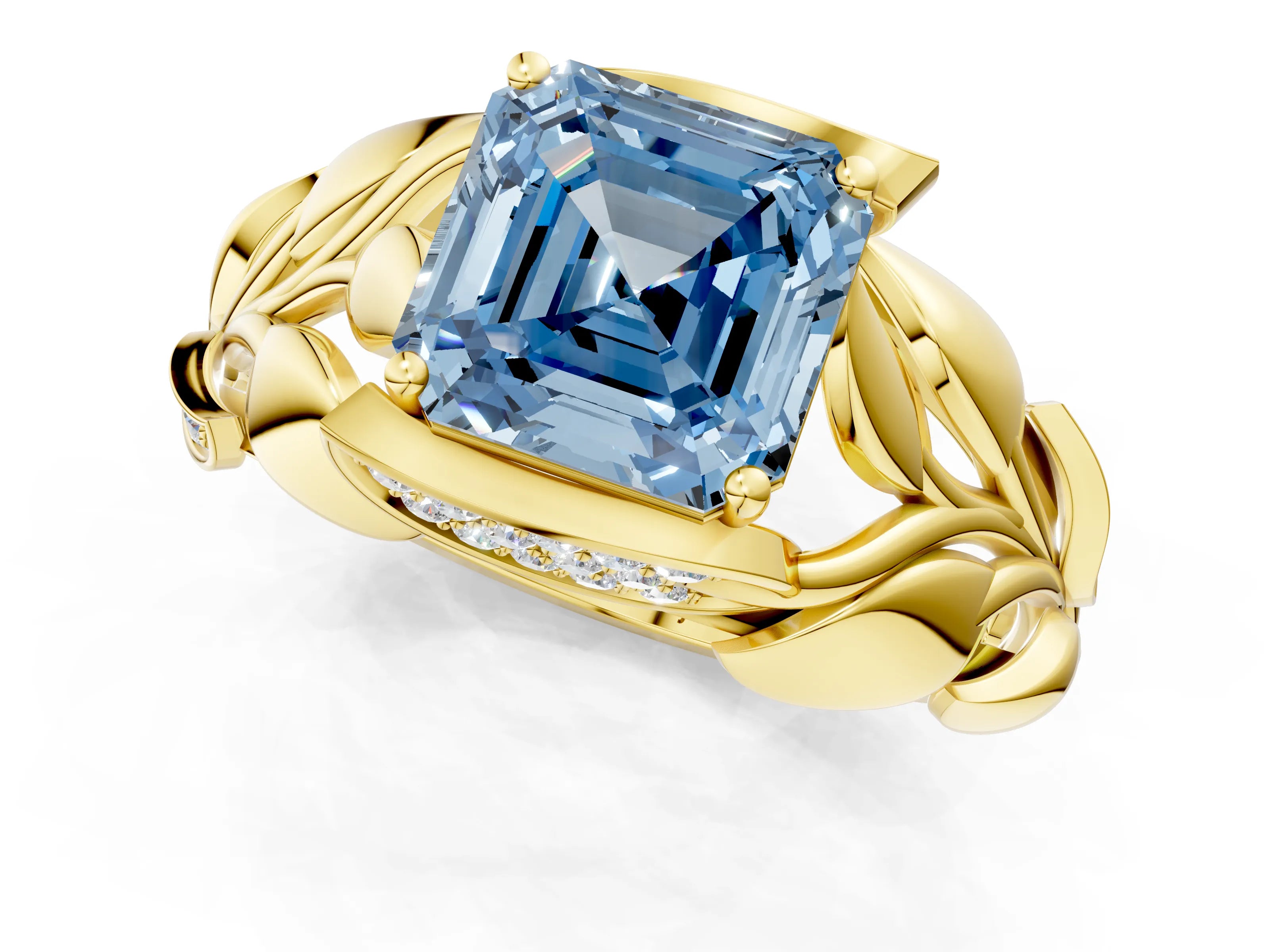 Yellow gold Fancy Blue Asscher Cut Solitaire Leaf-Inspired Engagement Ring with Prong Setting_1