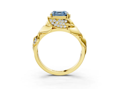Yellow gold Fancy Blue Asscher Cut Solitaire Leaf-Inspired Engagement Ring with Prong Setting_3